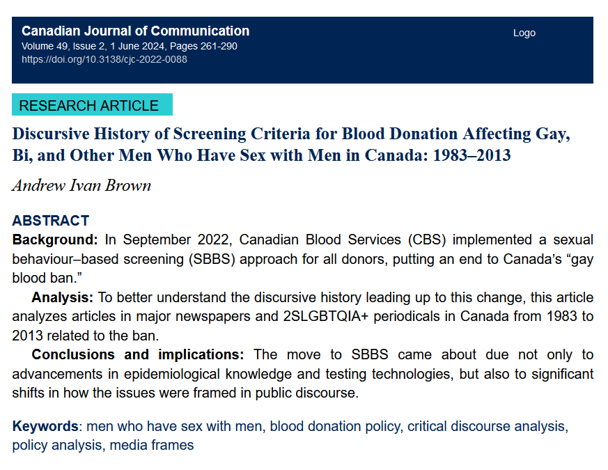 screenshot of the first page of the article titled, Discursive History of Screening Criteria for Blood Donation Affecting Gay, Bi, and Other Men Who Have Sex with Men in Canada: 1983–2013.